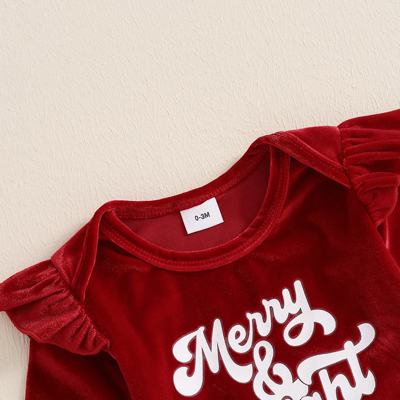 Baby Girl Velvet Christmas Romper Set With Letter Print Hat