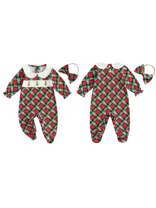 Baby Girls Christmas Footed Romper Snowflake Bow Headband