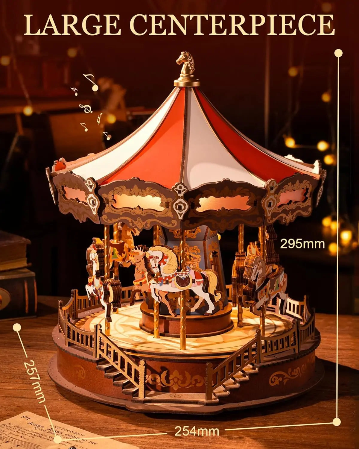 Enchanting 3D Wooden Carousel Music Box with LED Lights