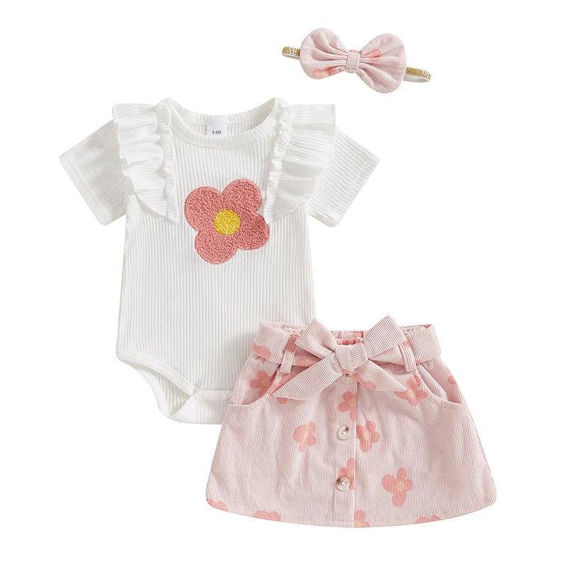 Floral Baby Girl Romper Set With Skirt And Headband
