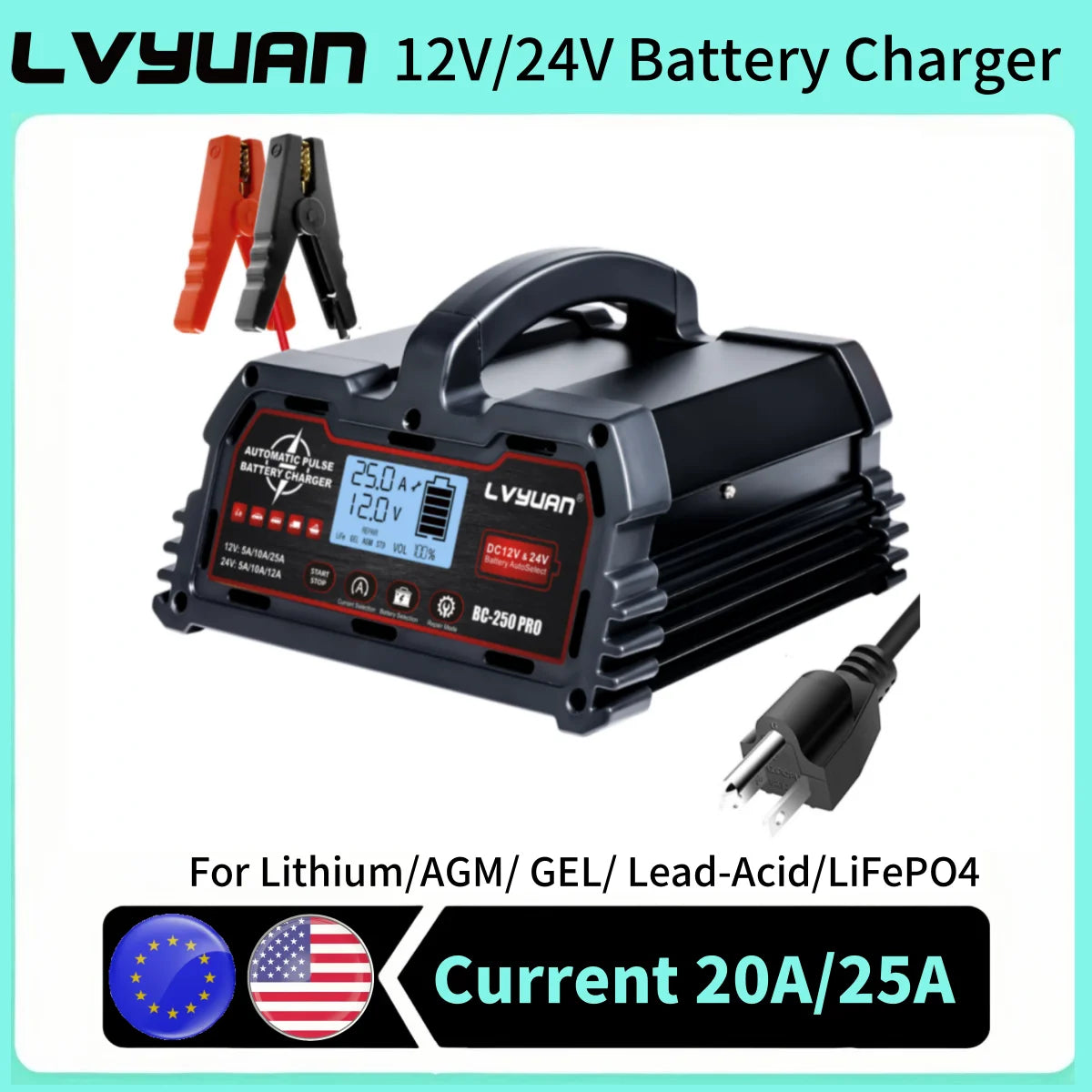 DC 12V 24V Smart Battery Charger With LCD Display Advanced