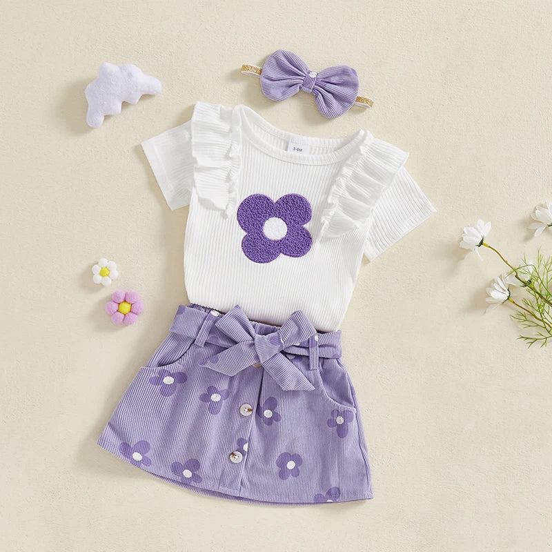 Floral Baby Girl Romper Set With Skirt And Headband